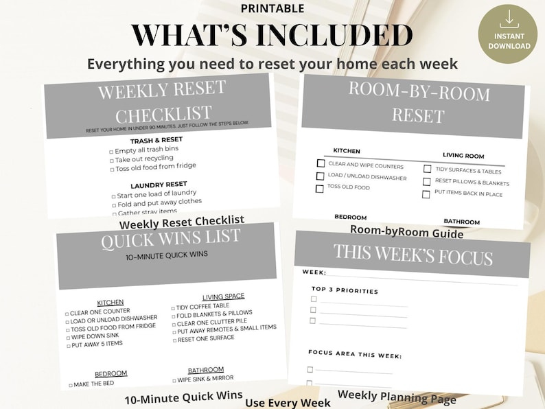 May include: Printable home reset checklist with the text "WHAT'S INCLUDED". Includes weekly reset, room-by-room reset, and quick wins lists. Features checklists for kitchen, living room, bedroom, and bathroom tasks. Includes an "Instant Download" graphic.