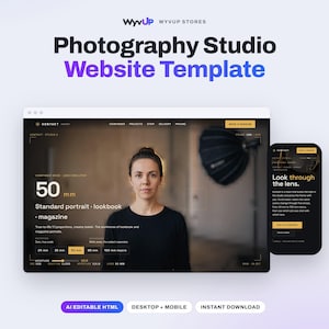 Puede incluir: Una plantilla de sitio web para estudio de fotografía con interfaz para escritorio y móvil. El diseño muestra un formato de retrato con texto que incluye Photography Studio Website Template, 50mm y Look through the lens.