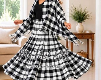 Schottischer Tartan Maxirock & passender Schal - Rundum plissierter langer Rock - Traditioneller Damen Tartan Maxirock - Schalgröße (66×72) inkl