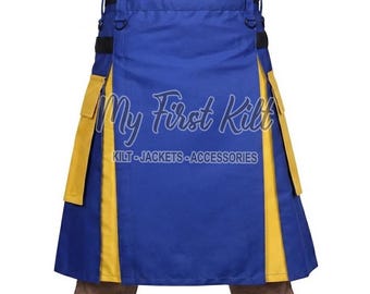 Men's Scottish Hybrid Utility Kilt - Two-Tone Blue & Yellow Cotton Cargo Pockets Kilt - Handmade Highland Custom Made Kilt