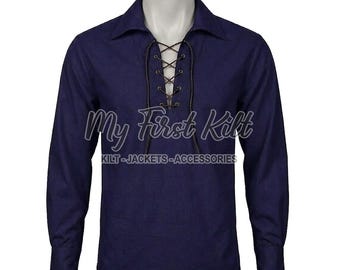 Scottish KILT SHIRT - 100% Cotton Jacobean Jacobite Ghillie Shirt - Navy Blue Cotton Shirt - Highlander Kilt Shirt - Leather Laces Shirt