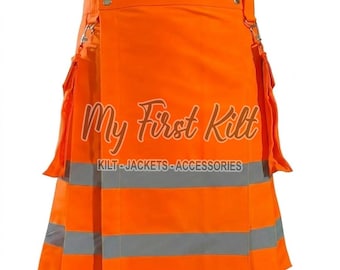 Orange Reflektierender Kilt aus Baumwolle für Männer - Gothic Festival Fashion Kilt - Feuerwehr Kilt - Robuster Kilt - Benutzerdefinierte Größe