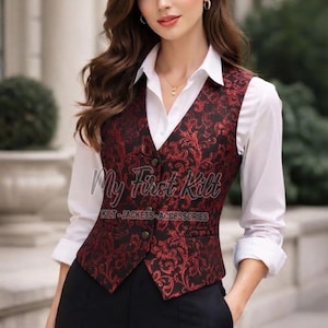 Puede incluir: Un chaleco de brocado negro y rojo con estampado floral, cuello en V y tres botones frontales, sobre una camisa blanca de manga larga con cuello y pantalones negros. El chaleco muestra el texto My First Kilt KILT-JACKETS-ACCESSORIES.