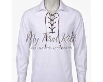 Scottish KILT SHIRT - 100% Cotton Jacobean Jacobite Ghillie Shirt - Highlander Kilt Shirt - Leather Laces Shirt - White Cotton Shirt