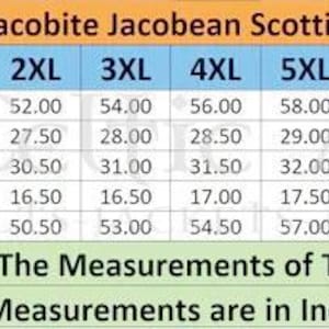 May include: A size chart for a 100% cotton Jacobite Jacobean Scottish Ghillie Shirt. The chart displays measurements in inches for chest, sleeve, length, collar, and waist, ranging from size S to 10XL.