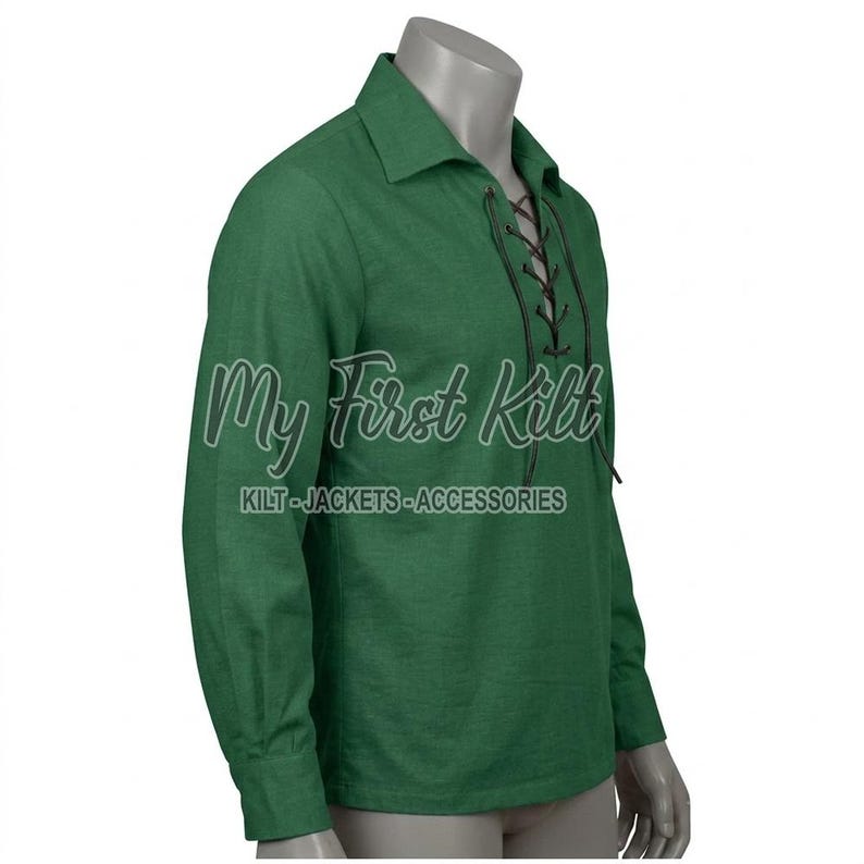Scottish KILT SHIRT - 100% Cotton Jacobean Jacobite Ghillie Shirt - Highlander Kilt Shirt - Leather Laces Shirt - Green Cotton Kilt Shirt