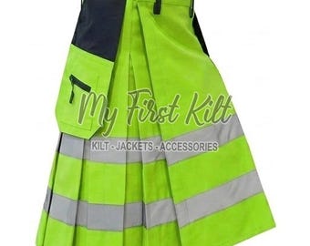 Schottischer Feuerwehr Kilt für Männer - Neongrüner Baumwolle Taktischer Kilt - Cargo Kilt - Hochleistungsarbeitskilt - Kilt in Sondergröße