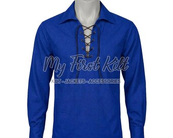 Scottish KILT SHIRT - 100% Cotton Jacobean Jacobite Ghillie Shirt - Highlander Kilt Shirt - Leather Laces Shirt - Royal Blue Cotton Shirt