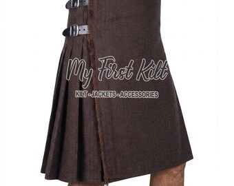 Men's Brown Tweed 8 Yard Kilt - Traditional Scottish Highland Kilt - Made to Order - Premium Handmade Kilt - 16 Oz Heavy Kilt
