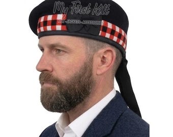 Schottische Balmoral Bonnet Hat/Cap - Schwarz Rot Weiß gewürfelte KILT Cap - Britische Militär Cap - Schwarze Wollmütze - Traditioneller Highlander Hat