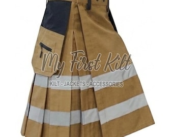 Schottischer Feuerwehr Kilt für Männer - Khaki Baumwoll Kilt - Kilt in Sondergröße