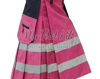 Schottischer Feuerwehr Kilt für Männer - Pinker Baumwoll Kilt - Cargo Kilt - Hochleistungsarbeitskilt - Kilt in Sondergröße