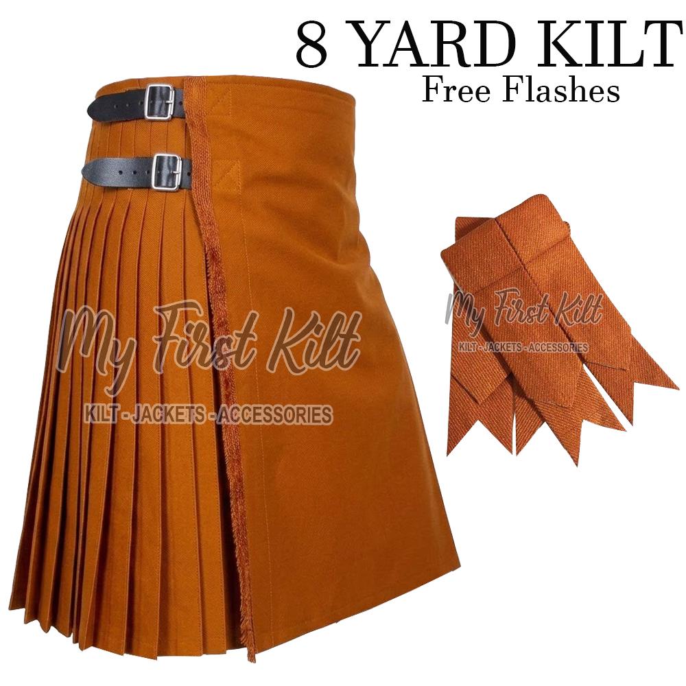 Men's Scottish Saffron Gold Tartan 8 Yard kilt with Matching Flashes - Traditional Highland Tartan Kilts - Available in 80+ Tartans
