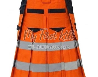 Schottischer Feuerwehr Kilt für Männer - Orange Baumwolle Tarnmuster Kilt - Kilt nach Maß