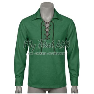 Scottish KILT SHIRT - 100% Cotton Jacobean Jacobite Ghillie Shirt - Highlander Kilt Shirt - Leather Laces Shirt - Green Cotton Kilt Shirt