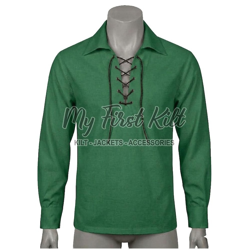Scottish KILT SHIRT - 100% Cotton Jacobean Jacobite Ghillie Shirt - Highlander Kilt Shirt - Leather Laces Shirt - Green Cotton Kilt Shirt