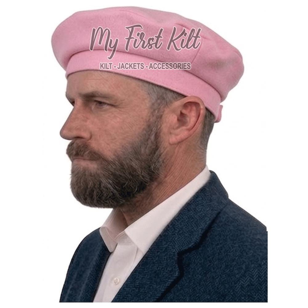 Men's Scottish Tam Bonnet Hat/Cap - Traditional Highlander Beret Hat - Scottish Light Pink Wool Kilt Cap - Tam Hat - Available in 15+ Colors
