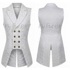 May include: A white sleeveless vest featuring a tonal damask pattern, a notched lapel, and a double-breasted front with six gold-toned buttons. The garment has a long tailcoat-style back with a center vent. The text My First Kilt is visible.