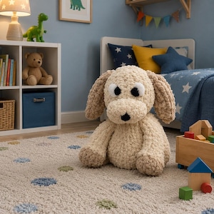 Peut inclure: Une grande peluche de chien beige avec des oreilles tombantes, un museau arrondi et des yeux noirs, assise sur un tapis crème à petits pois multicolores. Le chien a un aspect texturé semblable à de la laine et des pattes marron foncé.