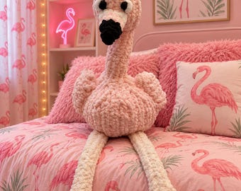 Handgestrickte Flamingo-Anleitung (PDF) – Jumbo-Garn Nr. 7 – 107 cm großer Plüschflamingo – Sofortiger digitaler Download mit Videoanleitung