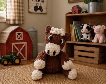 Patrón de caballito de peluche a crochet en PDF / Manta de seguridad gigante con forma de caballo / Decoración de granja para habitación infantil / Patrón de juguete de peluche de caballo / Regalo para baby shower