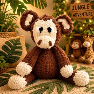 May include: A plush monkey toy crafted from dark brown and cream-colored yarn. The stuffed animal features a round face with a cream muzzle, large ears with cream centers, and cream-colored hands and feet. The texture is soft and fuzzy.