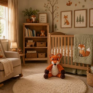 Op de afbeelding: Een babykamer met een houten wieg met een groene deken met vossenmotief, een oranje-witte pluche vos, een schommelstoel met een vossenkussen, een houten boekenplank met boeken en manden, en muurdecoratie met vossen en bomen.
