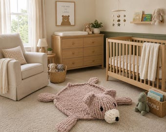 Patrón de alfombra de oso de punto grueso, alfombra de juegos para guardería, decoración para habitación de bebé (descarga en PDF)