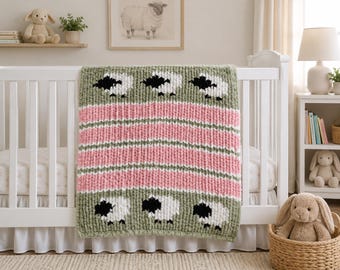 Manta de oveja de punto grueso – Hilo jumbo verde salvia, rosa y crema (99 x 99 cm)