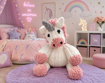 Strickanleitung für ein Einhorn (PDF) | Plüscheinhorn aus Jumbo-Garn | Inklusive Video-Anleitung | Sofortiger Download
