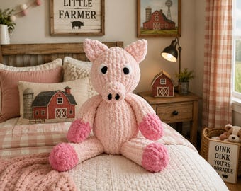 Patrón de peluche de cerdito de punto grueso en PDF – Adorable juguete de cerdito de granja – Patrón de peluche ideal para principiantes
