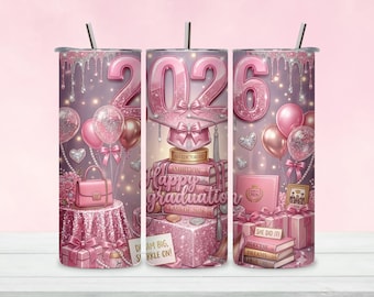 Rosa glitter examenspresentkort 2026 i PNG-format, sublimeringsdesign för klass 2026 (digital nedladdning)