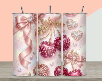 Rosa Coquette körsbärsrosett 590 ml smal tumblersjal PNG, strass-alla hjärtans dag-sublimeringsdesign.