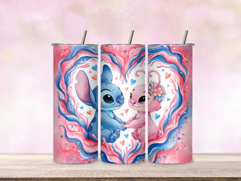 Stitch and Angel Tumbler Wrap: Hjärtdesign, 20 Oz PNG (digital nedladdning) bild 2