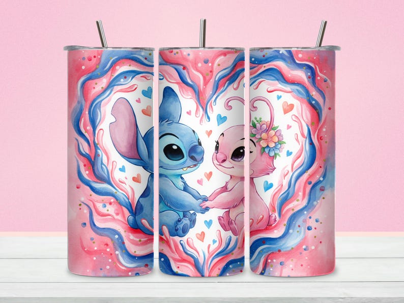 Stitch and Angel Tumbler Wrap: Hjärtdesign, 20 Oz PNG (digital nedladdning) bild 1
