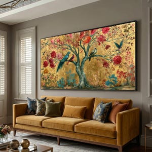 Op de afbeelding: Een groot rechthoekig wandkunstwerk met een centrale boom met een getextureerde stam, levendige rode bloesems en verschillende vogels op de takken. De achtergrond heeft een glinsterende bladgouden afwerking met blauwe bladeren.
