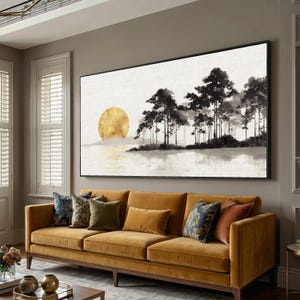 Golden Sun over Pine Trees Canvas, Minimalist Nature Wall Art, Monochrome Landscape Canvas, Tranquil Lake View Decoration