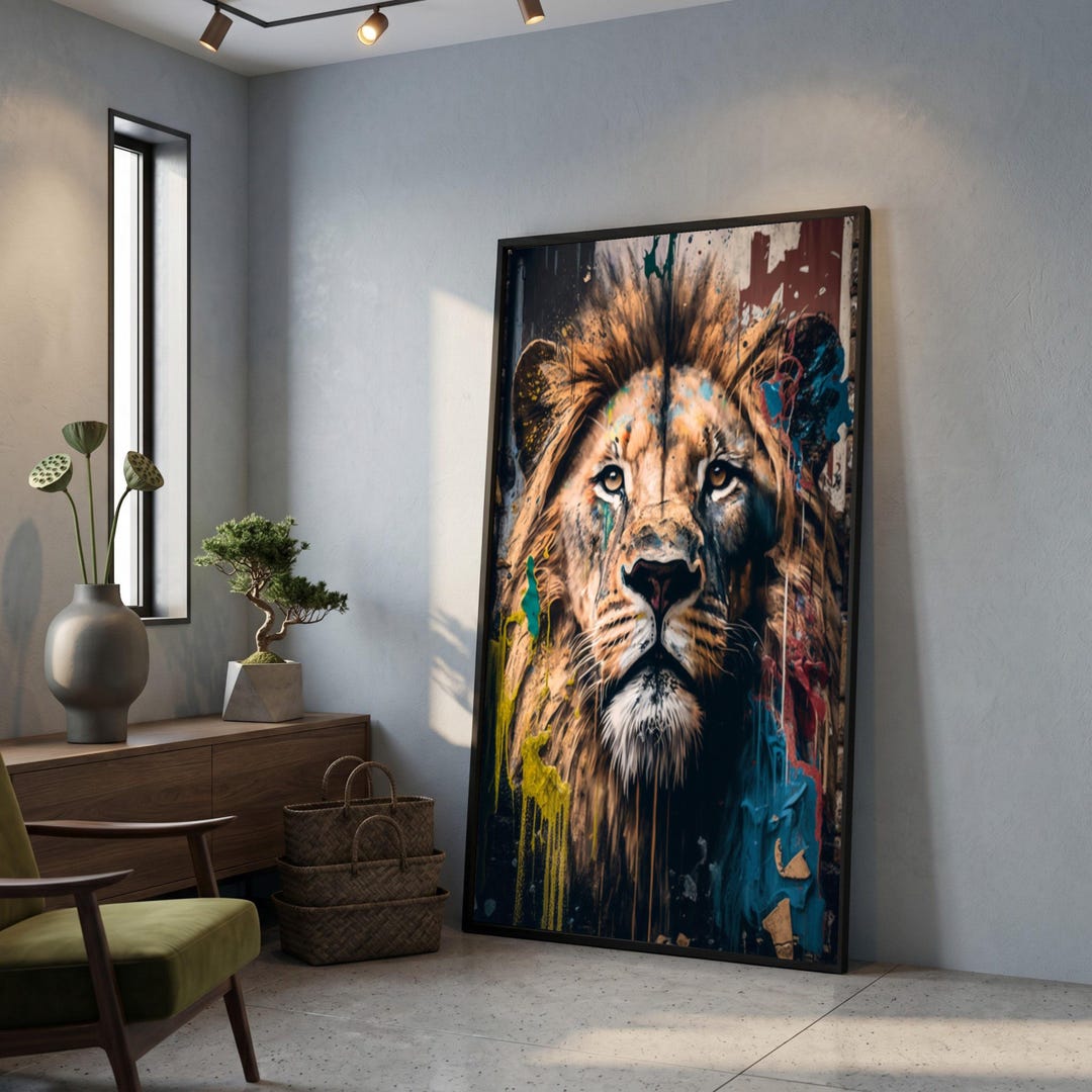 Majestic Lion Face Canvas Wall Art, Urban Graffiti Style Wildlife ...