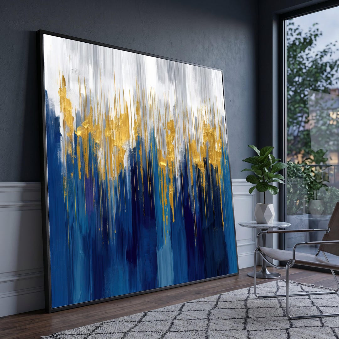 Modern Blue and Gold Abstract Canvas Wall Art, Vertical Brush Stroke ...