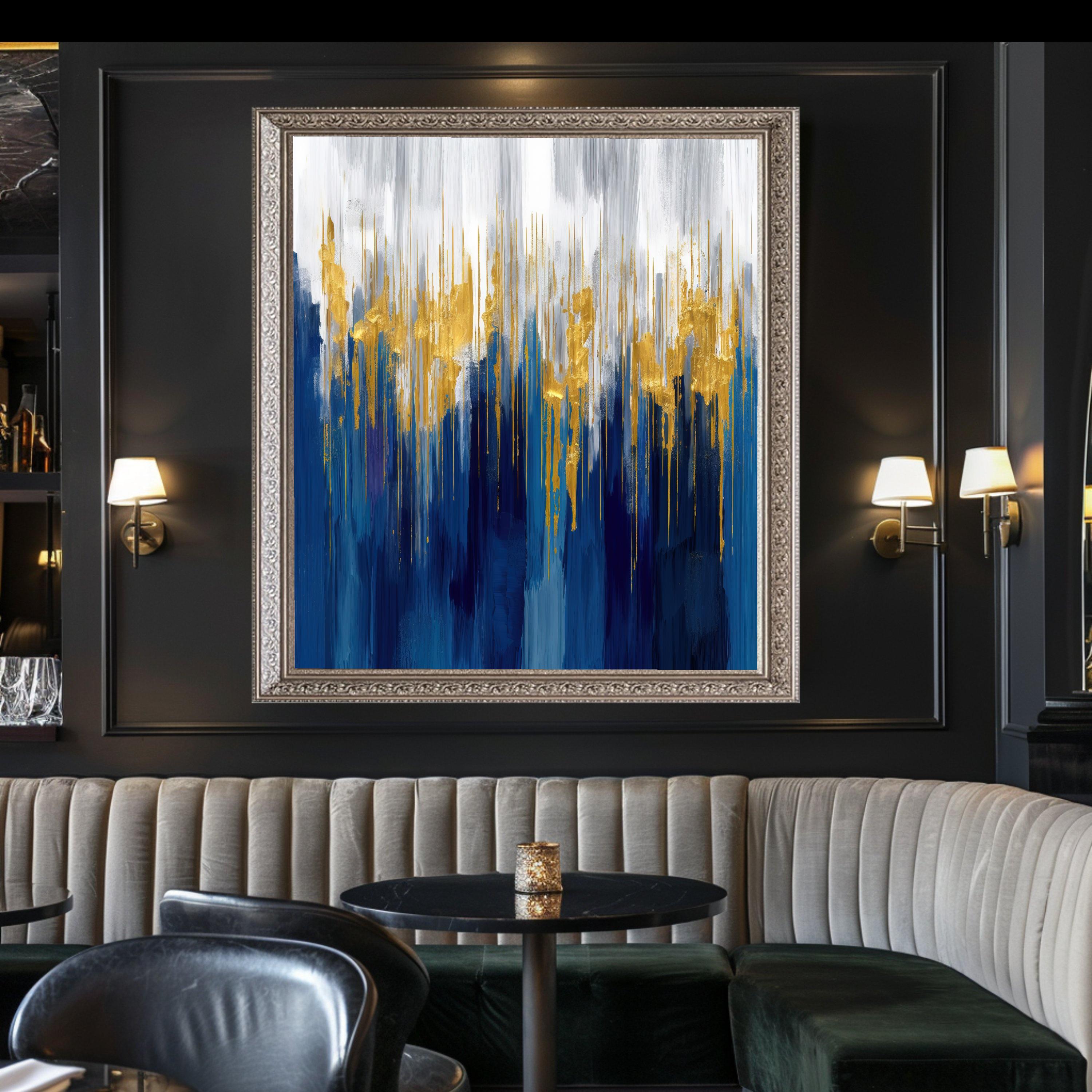Modern Blue and Gold Abstract Canvas Wall Art, Vertical Brush Stroke ...