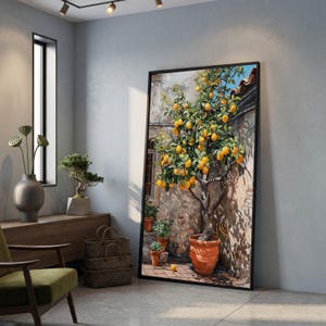 May include: A framed art print depicts a lemon tree laden with ripe yellow fruit. The tree is potted in a terracotta pot, set against a sunlit, aged stone wall. Small potted plants are at the base of the tree.