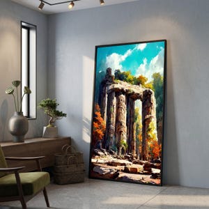 Antike Ruinen mit Herbstlaub, Majestätische Steinsäulen Leinwand, Historische Architektur Wandkunst, Natur Landschaft Dekoration, fertig zum Aufhängen