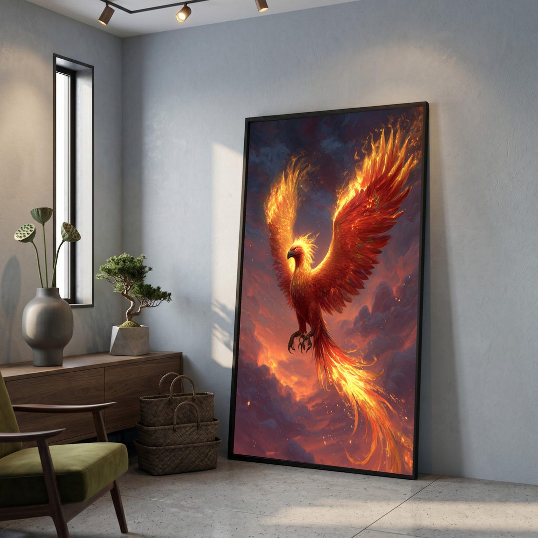 Fiery Phoenix Rising Canvas, Mythical Bird Wall Art, Flaming Wings ...