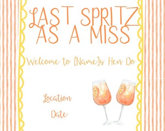 Last Spritz als Miss Hen Do Willkommensschild und Reiseplan