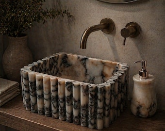 Lavabo de mármol Calacatta - Lavabo de lujo artesanal - Lavabo acanalado para tocador de baño