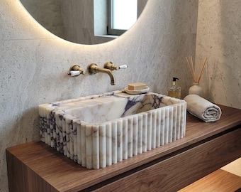 Calacatta Marble Sink - Luxury Handcrafted Basin - Bathroom Vanity Fluted Sink
