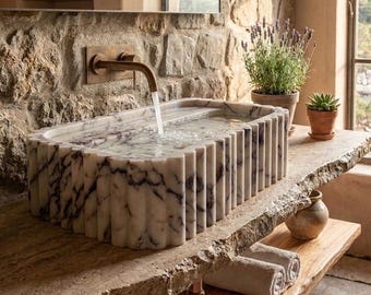 Handcrafted Marble Vessel Sink - Purple Veined Stone Bathroom Sink - Luxury Natural Stone Wash Basin  - Artisan Bathroom Decor