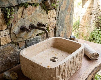 Lavabo in travertino naturale - Lavabo in pietra scolpito a mano - Lavabo da bagno rustico - Lavabo rettangolare da appoggio - Decorazione unica in pietra naturale