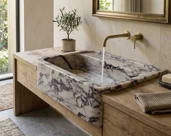 Luxury Natural Marble Vessel Sink – Handmade Rectangular Stone Bathroom Sink – Modern Countertop Marble Wash Basin – Calacatta Marble Sink