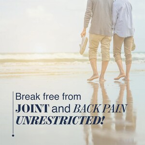 May include: Two individuals walking barefoot on a sandy beach, wearing casual shirts and trousers. The text reads: Break free from JOINT and BACK PAIN UNRESTRICTED! The scene captures a bright, outdoor coastal environment with soft lighting.